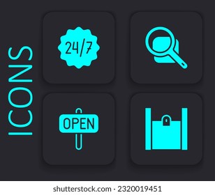 Set Paper shopping bag, Clock 24 hours, Magnifying glass and Hanging sign with text Open icon. Black square button. Vector