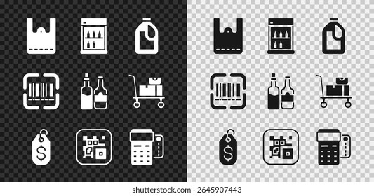 Set Paper shopping bag, Commercial refrigerator, Bottle for cleaning agent, Price tag with dollar, QR code, POS terminal credit card, Scanner scanning bar and Whiskey bottle icon. Vector