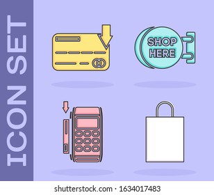 Set Paper shopping bag, Credit card, Pos terminal with inserted credit card and Signboard hanging with an inscription shop here icon. Vector