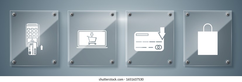 Set Paper shopping bag, Credit card, Shopping cart on screen laptop and Pos terminal with inserted credit card. Square glass panels. Vector