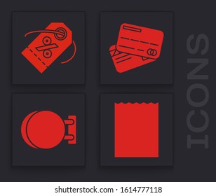 Set Paper shopping bag, Discount percent tag, Credit card and Signboard hanging icon. Vector