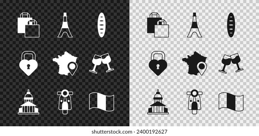 Set Paper shopping bag, Eiffel tower, French baguette bread, Museum building, Scooter, Flag France, Castle the shape of heart and Map icon. Vector