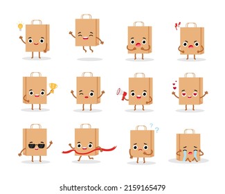 Set of paper shopping bag emotions character. Emoji Icons vector illustration