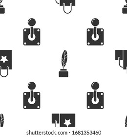 Set Paper shopping bag, Feather and inkwell and Joystick for arcade machine on seamless pattern. Vector