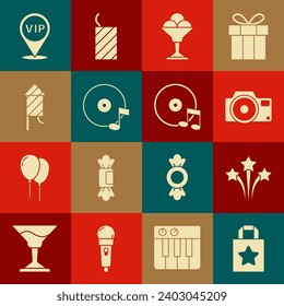 Set Paper shopping bag, Firework, Photo camera, Ice cream bowl, Vinyl disk, rocket, Location Vip and  icon. Vector