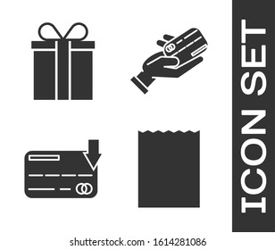 Set Paper shopping bag, Gift box, Credit card and Human hand holding with credit card icon. Vector