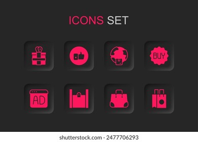 Set Paper shopping bag, Hand like, Gift box, Buy button, Worldwide shipping and Advertising icon. Vector