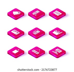 Set Paper shopping bag, Hanging sign with text Closed, Credit card, Pos terminal inserted credit, Shopping building on screen computer, basket and food, or market store and  icon. Vector