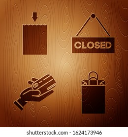 Set Paper shopping bag, Paper shopping bag, Human hand holding with credit card and Hanging sign with text Closed on wooden background. Vector