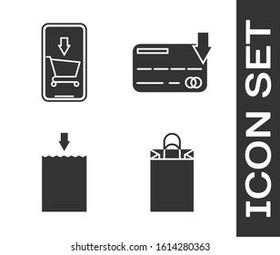Set Paper shopping bag, Mobile phone and shopping cart, Paper shopping bag and Credit card icon. Vector