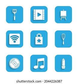 Set Paper shopping bag, Music note, tone, Pencil with eraser, Kitchen whisk, Vinyl disk, Wi-Fi wireless internet network, Easel painting art boards and Spatula icon. Vector