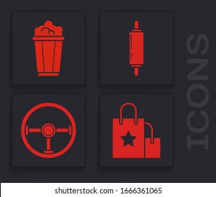 Set Paper shopping bag, Popcorn in cardboard box, Rolling pin and Steering wheel icon. Vector