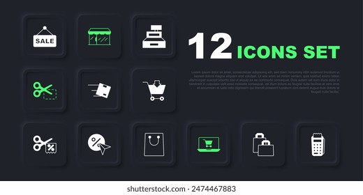 Set Paper shopping bag, POS terminal, Location with cardboard box, Shopping cart screen laptop, Scissors cuts discount coupon, Discount percent tag, Market store and  icon. Vector