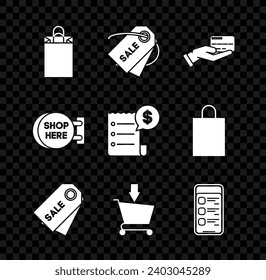 Set Paper shopping bag, Price tag with an inscription Sale, Human hand holding credit card, Add to Shopping cart, Online mobile phone, Signboard hanging here and check financial check icon. Vector