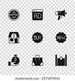 Set Paper shopping bag, Price tag with New, Buy button, Megaphone, Cryptocurrency coin Bitcoin, Advertising and Market store icon. Vector