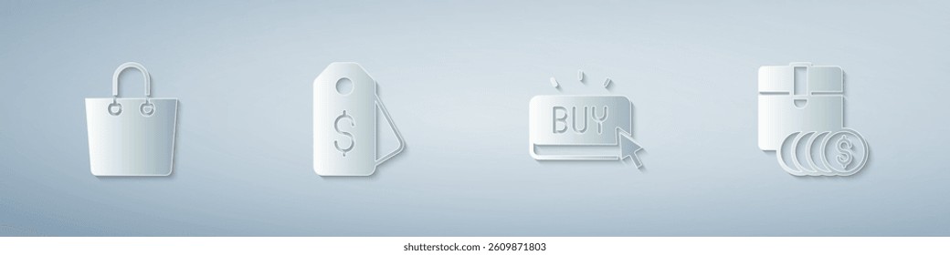 Set Paper shopping bag, Price tag with dollar, Buy button and Item price. Paper art style. Vector