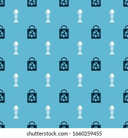 Set Paper shopping bag with recycle and Fish skeleton on seamless pattern. Vector