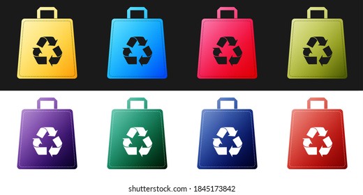Set Paper shopping bag with recycle icon isolated on black and white background. Bag with recycling symbol. Vector.