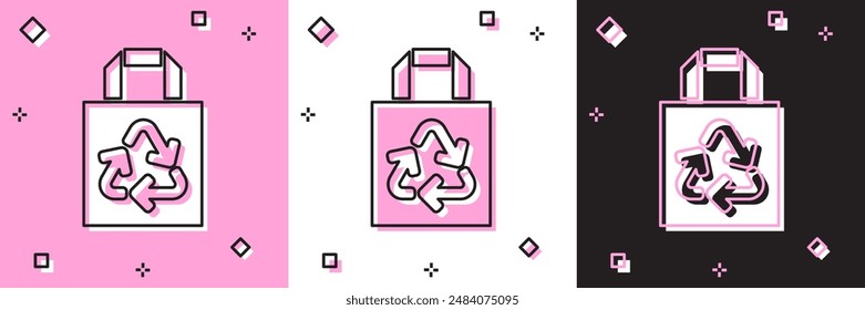Set Paper shopping bag with recycle icon isolated on pink and white, black background. Bag with recycling symbol.  Vector