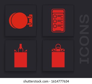 Set Paper shopping bag, Signboard hanging, Online shopping on mobile phone and Paper shopping bag icon. Vector