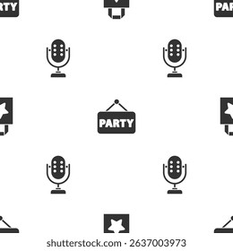 Set Paper shopping bag, Signboard party and Microphone on seamless pattern. Vector