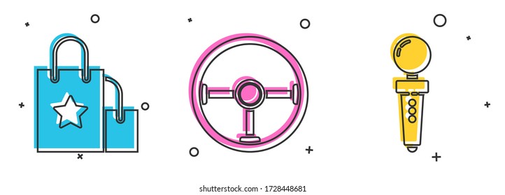 Set Paper shopping bag, Steering wheel and Joystick for arcade machine icon. Vector