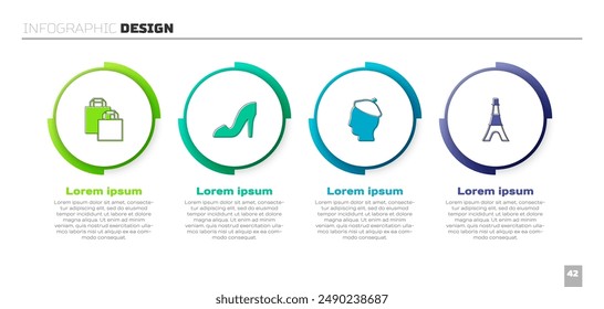 Set Paper shopping bag, Woman shoe, French and Eiffel tower. Business infographic template. Vector