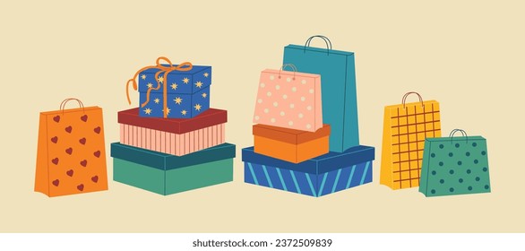 Set of paper shopping bags, gift and shoes boxes. Colorful packages for presents and purchase. Hand drawn vector vector illustration isolated on light background. Modern flat cartoon style.