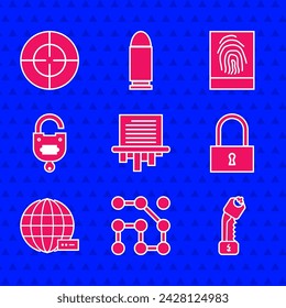 Set Paper shredder, Graphic password protection, Police electric shocker, Lock, Social network, and key, Fingerprint and Target sport icon. Vector