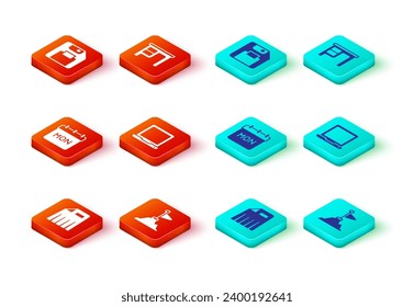 Ajuste el triturador de papel, las montañas con el indicador en la parte superior, Calendario, Laptop, escritorio de oficina e icono del disquete. Vector