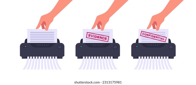 Set paper shredder office device and hand holding paper sheet with confidential and evidence document icon flat style vector illustration