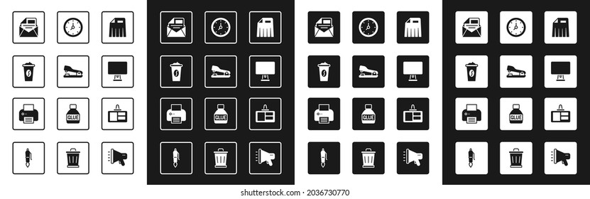 Set Paper shredder, Stapler, Coffee cup to go, Mail and e-mail, Computer monitor, Clock, Identification badge and Printer icon. Vector