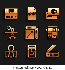 Set Paper Size, News, Scanner, Copy Machine, Binder Clip, Roll Of Printing Press, Business Card And Carton Cardboard Box Icon. Vector