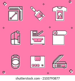 Set Paper size, Paint brush, T-shirt, Printer ink bottle, Copy machine, Roll of paper, bucket and Carton cardboard box icon. Vector