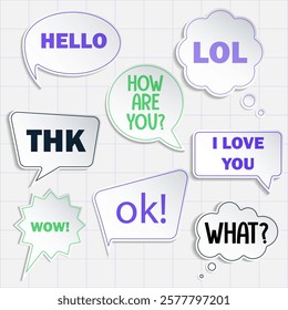 Set of paper speech bubbles with captions like, Hi, what, thanks, lol, How are you and the like