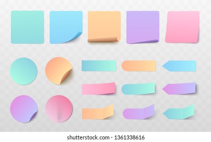 Set of paper sticker in many shapes, collection of realistic blank label tag templates for text message, circle, square, rectangle sticky notes with folded curled corners, vector illustration.