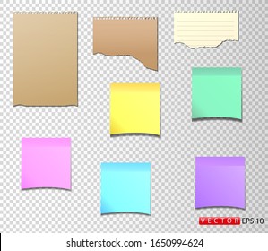 A set of paper stickers in different colors and shapes, as well as torn notebook paper. Vector. EPS 10
