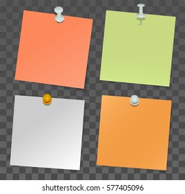 Set of paper stickers for notes and pushpin on transparent background. Illustration in vector format
