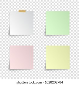 Set of paper stickers with shadow on transparent background. Square stick. Post sticky note isolated. Sticker banner. Vector illustration. Color post sticks for design.