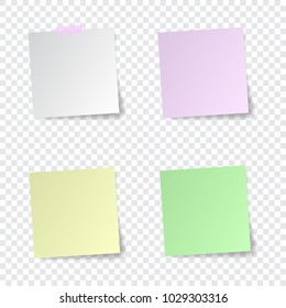 Set of paper stickers with shadow on transparent background. Square stick. Post sticky note isolated. Sticker banner. Vector illustration. Color post sticks for design.