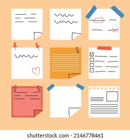 Set of paper stickers. Templates for a note message. Vector set of note paper. Sticky notes with paper clip, duct tape. Vector memo note.