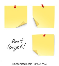 Set of paper sticks with red push pins isolated on white background.