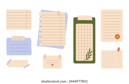 Set of Paper sticky notes and torn paper isolated on white background. Notebook stickers vector flat illustration. Cartoon style.