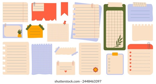 Set of Paper sticky notes and torn paper isolated on white background. Notebook stickers vector flat illustration. Cartoon style.