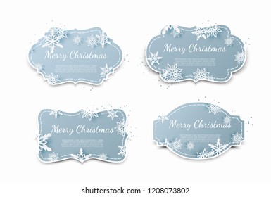 Set of paper tags with blue christmas background.
