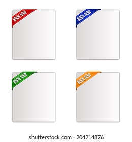 Set of paper tags for book now items in different colours, vector illustration