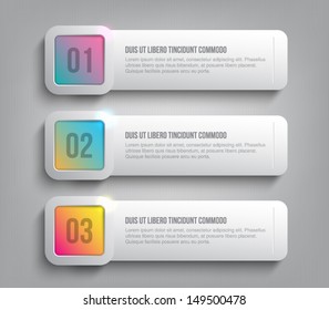 Set of paper tags / labels banners with shiny silver metallic square buttons for business design, reports, infographics, progress, number options, step presentation or workflow layout. Clean style