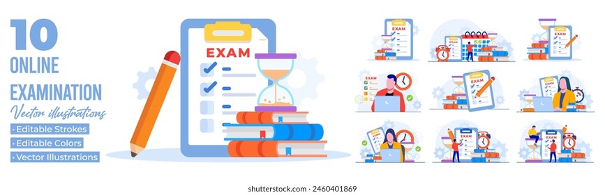 Conjunto de prueba de papel con temporizador y reloj de arena, concepto de examen concepto de ilustración plana, Examen, Encuesta, Lista de comprobación, Prueba 