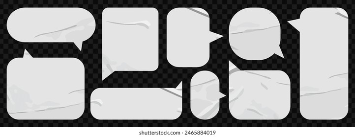 Set of paper textured speech bubbles. Speak bubble text, cartoon chatting box, message box. Blank empty vector white speech bubbles.Realistic quote box frame set.