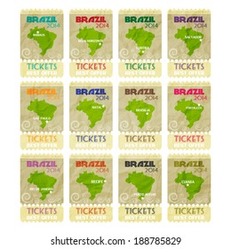 set of paper tickets with Brazil map and soccer event host cities